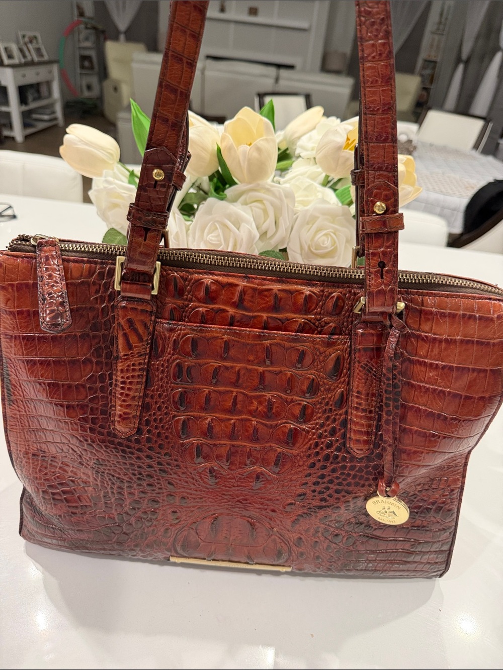 Brahmin Medium Pecan Croc-Embossed Leather Tote in Rich Brandy